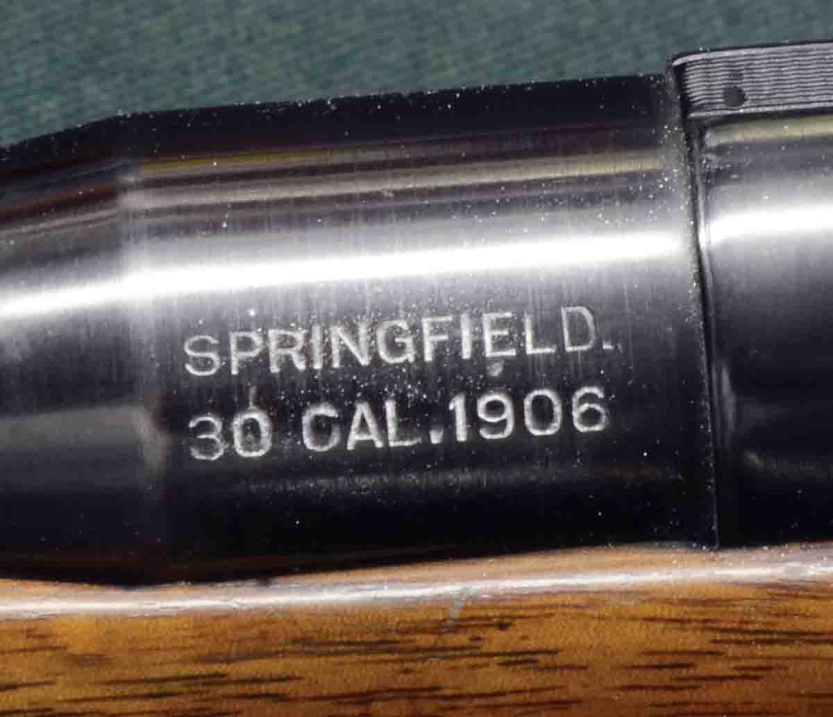 The roll-marking on the left side of the barrel just forward of the receiver indicates the cartridge we know today as the .30-06 was not called that in the early days.